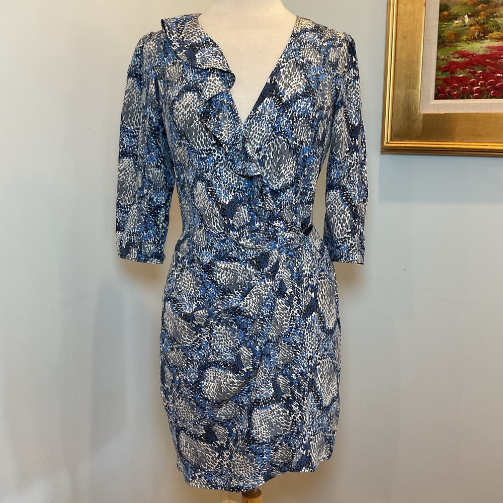 Parker Blue Silk Snake‎ Print Ruffle Wrap Dress Size M Silk Cocktail Dress